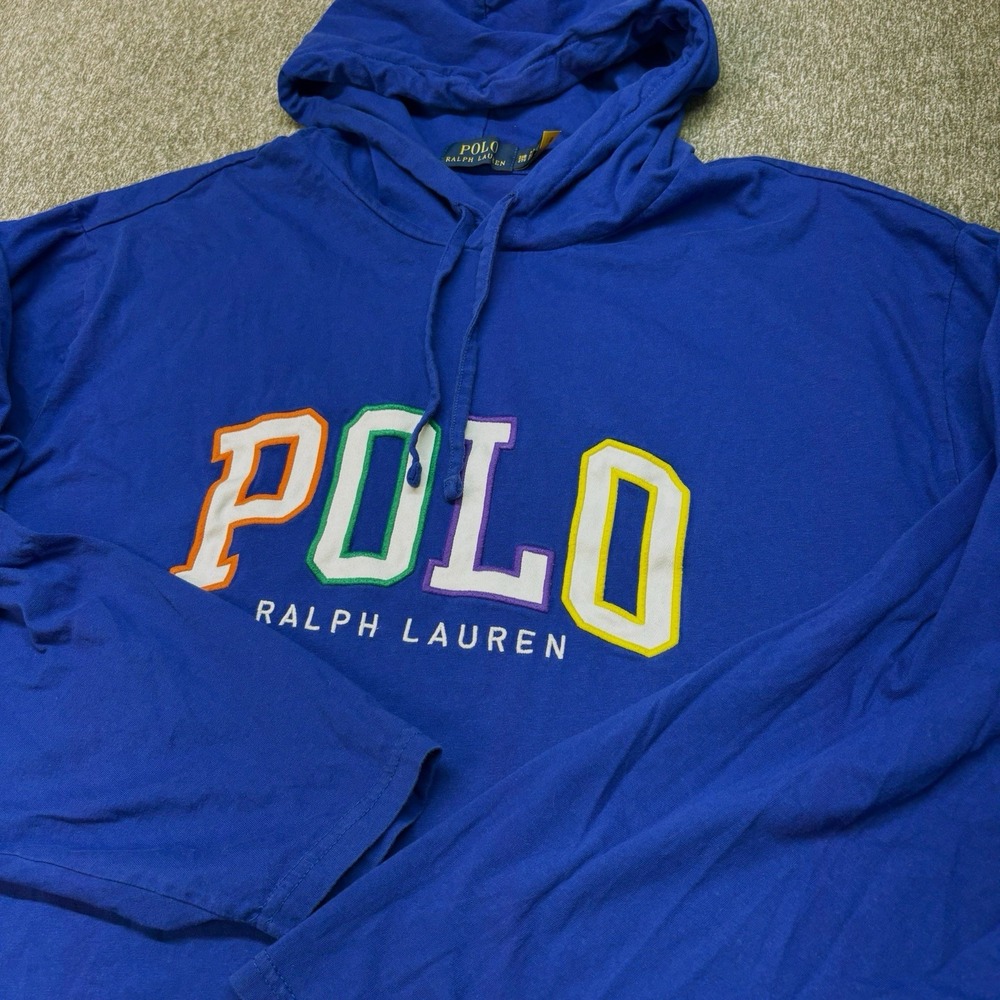 Polo Ralph Lauren Mens 2XB Blue Spellout Logo Long Sleeve Hooded T-Shirt Hoodie